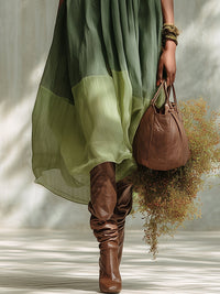 Sylviane · Vestido Midi de Gasa Verde con Hombros Descubiertos y Manga Corta