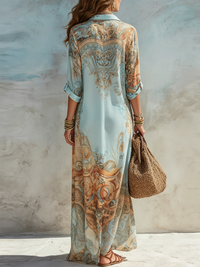 Bleuette · Vestido Largo Azul con Estampado Floral y Botonadura