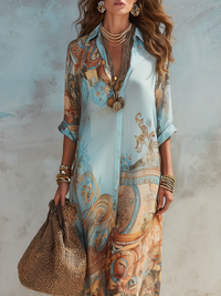 Bleuette · Vestido Largo Azul con Estampado Floral y Botonadura