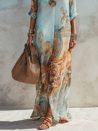 Bleuette · Vestido Largo Azul con Estampado Floral y Botonadura