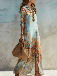 Bleuette · Vestido Largo Azul con Estampado Floral y Botonadura