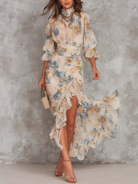 Béatrice | Robe Maxi Irrégulière en Mousseline, Imprimé Floral, Col Haut Beige