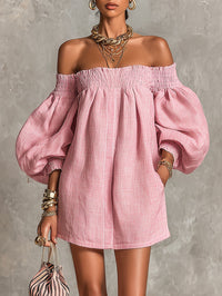 Violette · Vestido Mini Trapecio Rosa de Hombros Descubiertos