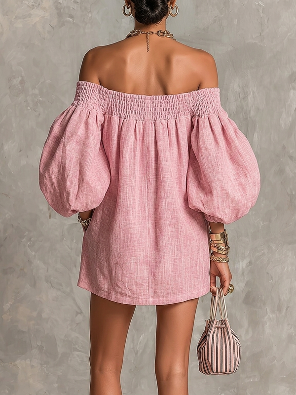 Violette | Vestido Mini Trapecio Rosa con Mangas Farol y Hombros al Descubierto