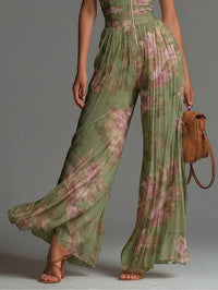 Esméralda | Combinaison en Mousseline Verte Fleurie, Col en V, Pantalon Large