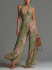 Esméralda | Combinaison en Mousseline Verte Fleurie, Col en V, Pantalon Large