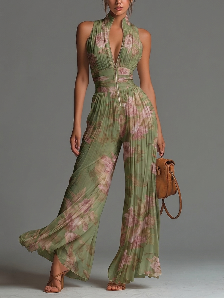 Esméralda | Combinaison en Mousseline Verte Fleurie, Col en V, Pantalon Large