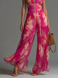 Océane | Combinaison Sans Manches en Mousseline Plissée, Zip, Imprimé Floral Fuchsia