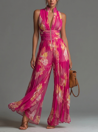 Océane | Combinaison Sans Manches en Mousseline Plissée, Zip, Imprimé Floral Fuchsia