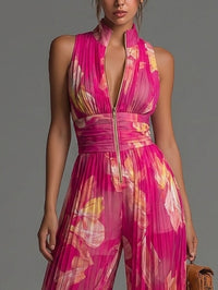 Océane | Combinaison Sans Manches en Mousseline Plissée, Zip, Imprimé Floral Fuchsia