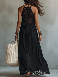 Zélie | Robe Maxi Bohème Noire Sans Manches, Dentelle