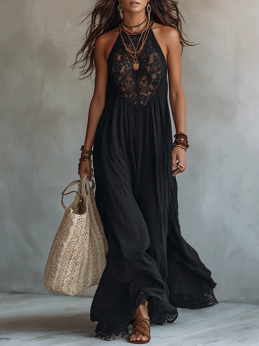 Zélie | Robe Maxi Bohème Noire Sans Manches, Dentelle