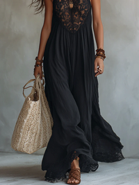 Zélie | Robe Maxi Bohème Noire Sans Manches, Dentelle