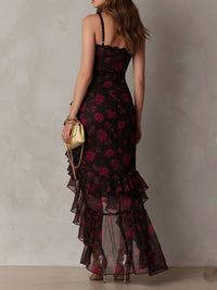 Ondine | Robe Chic Noire et Rouge Fleurie, Ourlet à Volants