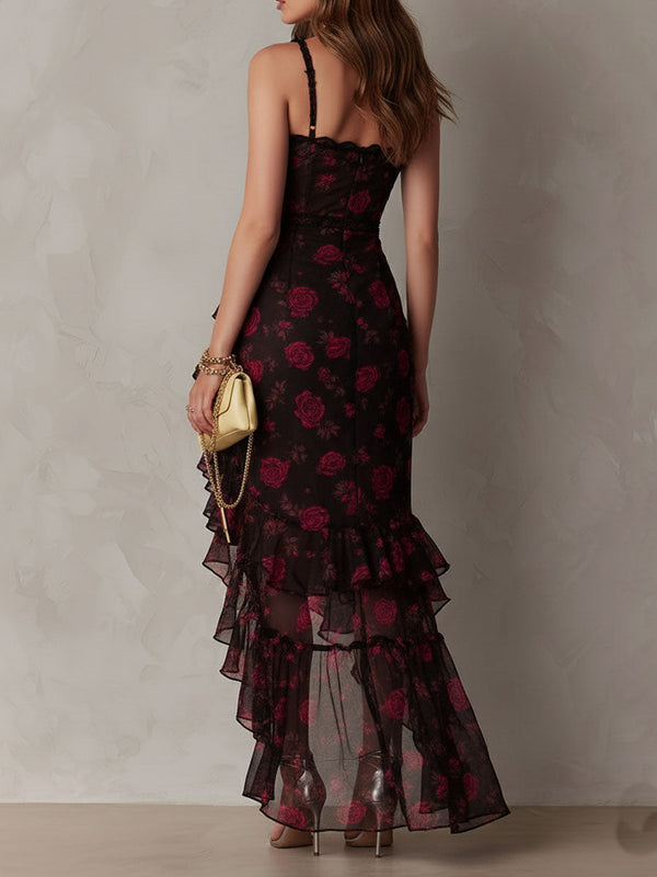 Ondine · Vestido Floral Negro y Rojo con Bajo de Volantes