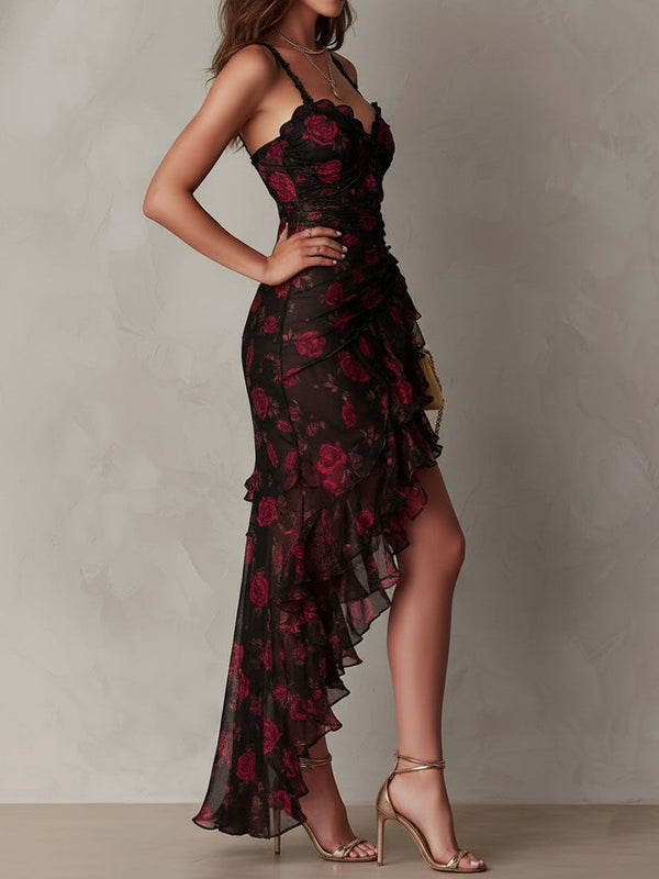Ondine · Vestido Floral Negro y Rojo con Bajo de Volantes