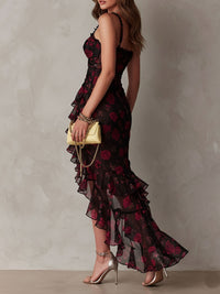 Ondine | Robe Chic Noire et Rouge Fleurie, Ourlet à Volants