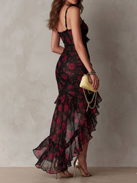 Ondine | Robe Chic Noire et Rouge Fleurie, Ourlet à Volants