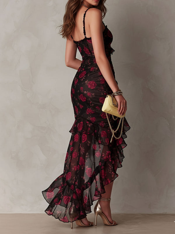 Ondine · Vestido Floral Negro y Rojo con Bajo de Volantes