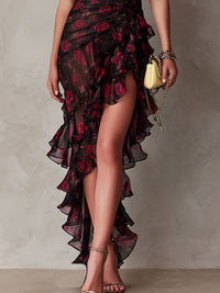 Ondine | Robe Chic Noire et Rouge Fleurie, Ourlet à Volants