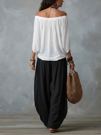 Margaux · Conjunto Blanco de Top con Hombros Descubiertos y Pantalón Lantern