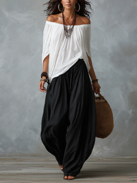 Margaux · Conjunto Blanco de Top con Hombros Descubiertos y Pantalón Lantern