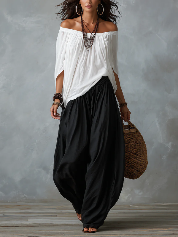 Margaux · Conjunto Blanco de Top con Hombros Descubiertos y Pantalón Lantern