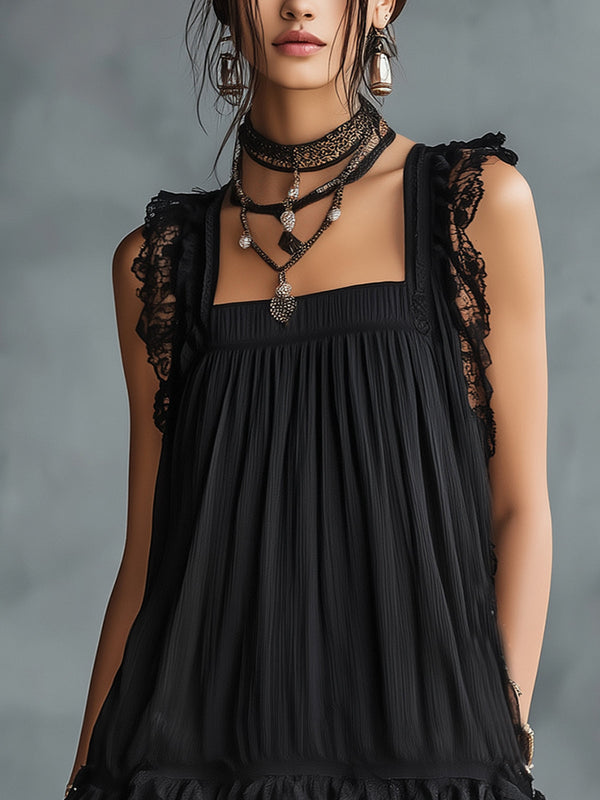 Pauline | Vestido Mini Transparente de Lunares con Volantes y Borde de Encaje Negro