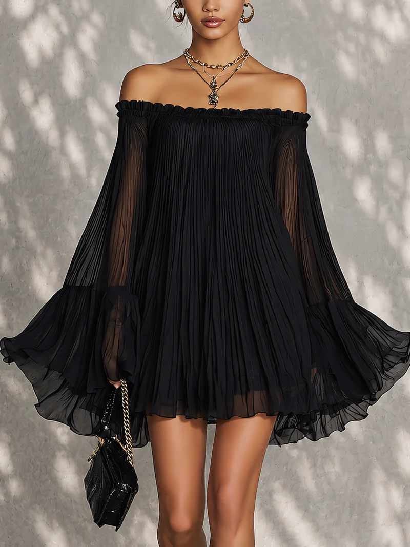 Océane · Vestido Mini Negro de Hombros Descubiertos