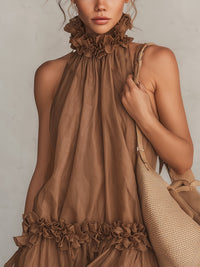 Bettina · Vestido Mini de Gasa Marrón con Cuello Halter