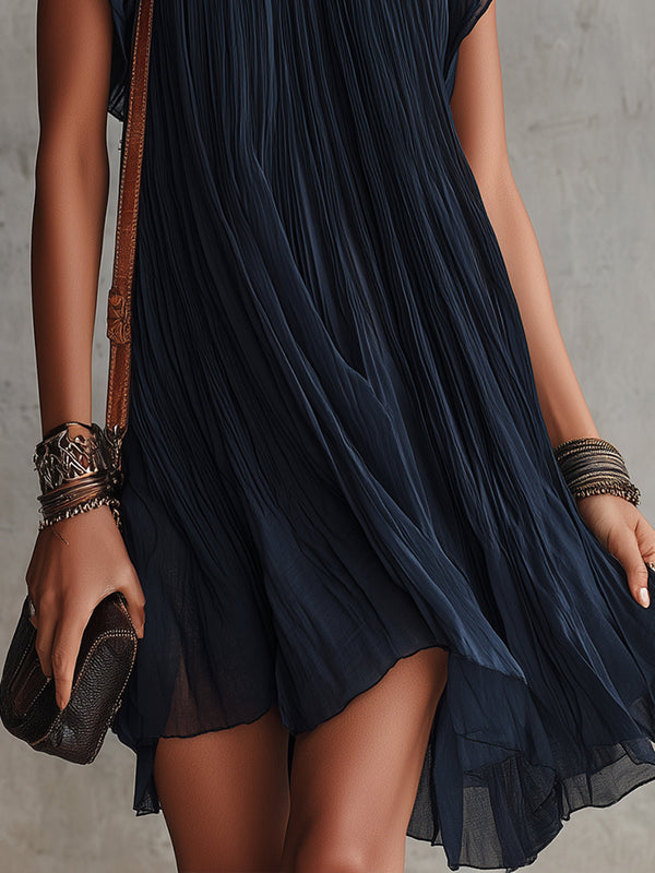Apolline | Vestido Mini Plisado de Gasa con Bordado Floral Azul Marino