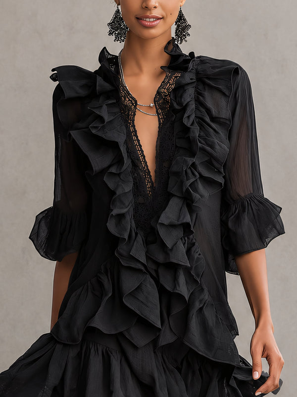Anaïs | Vestido Mini de Gasa Negra con Volantes