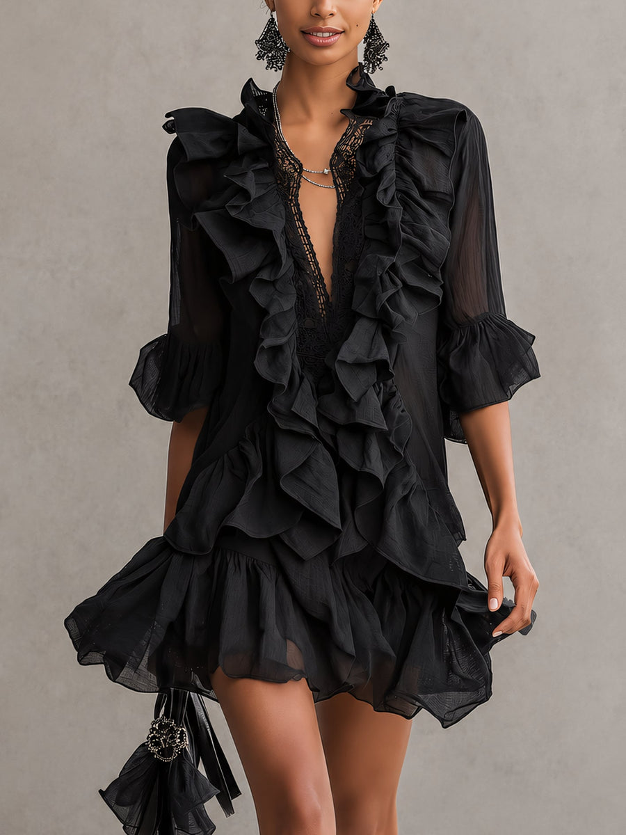 Anaïs · Vestido Mini de Gasa Negro con Volantes