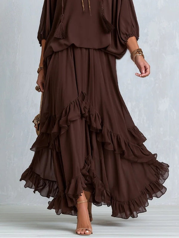 Ondine | Conjunto de top marrón de gasa con flecos y falda de volantes