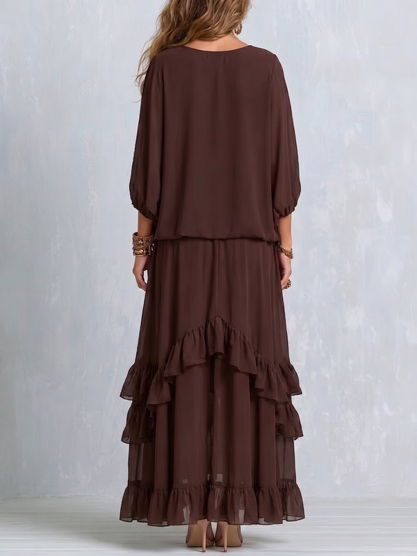 Ondine | Conjunto de top marrón de gasa con flecos y falda de volantes