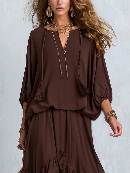 Ondine | Conjunto de top marrón de gasa con flecos y falda de volantes