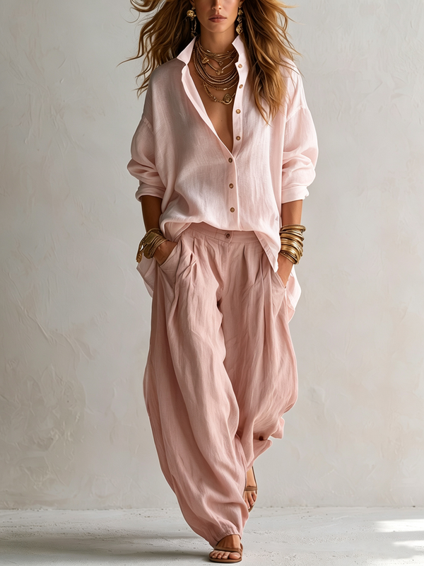 Capucine | Camisa blanca amplia y pantalón balloon verde oliva