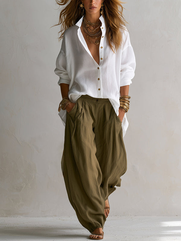 Capucine | Camisa blanca amplia y pantalón balloon verde oliva