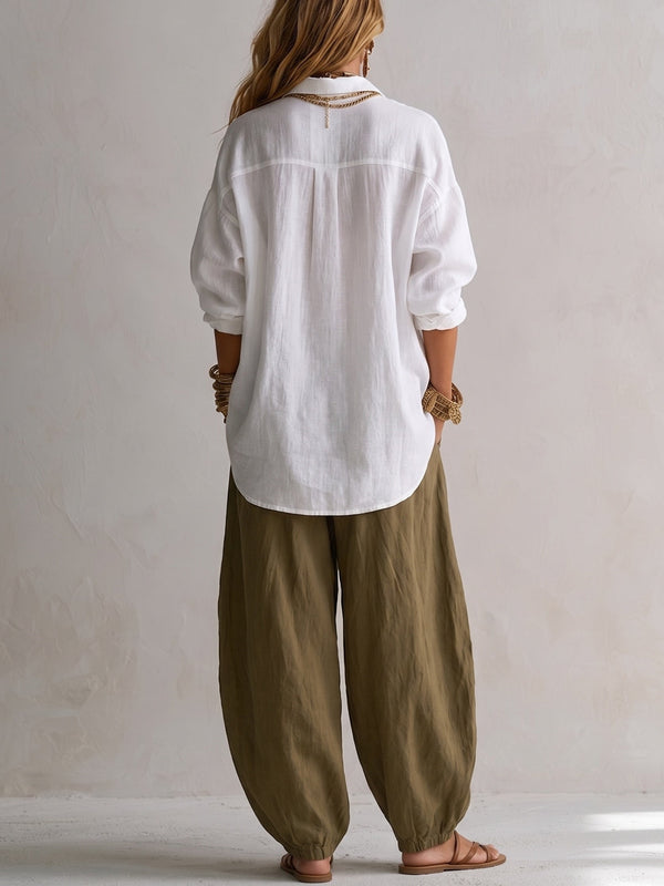 Capucine | Camisa blanca amplia y pantalón balloon verde oliva