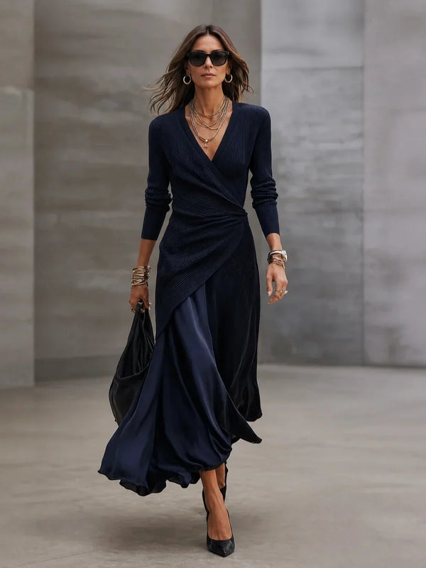 Adriana | Conjunto de vestido maxi cruzado de canalé azul marino