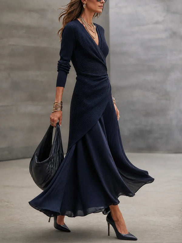 Adriana | Conjunto de vestido maxi cruzado de canalé azul marino