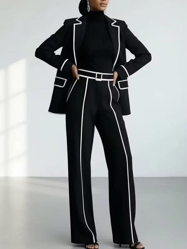 Karin | Conjunto de blazer con ribetes de contraste y pantalón de pierna ancha