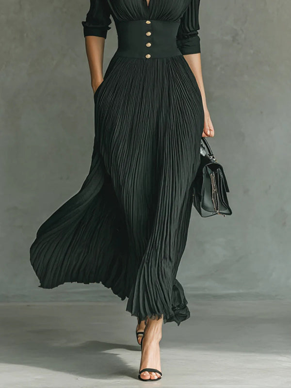 Elvira | Vestido largo plisado con solapa y cintura alta