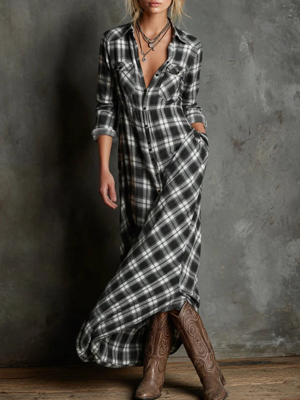 Margaux | Vestido camisero largo con cuello vichy verde