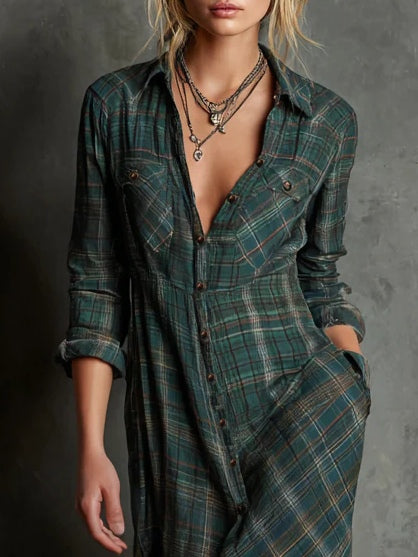 Margaux | Vestido camisero largo con cuello vichy verde