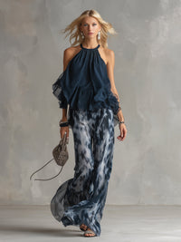 Ludovica · Conjunto de Top Halter Navy y Pantalón Palazzo Estampado