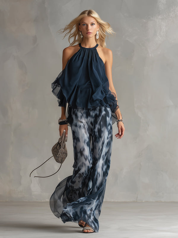Ludovica · Conjunto de Top Halter Navy y Pantalón Palazzo Estampado