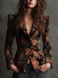 Bertille | Blazer sastre negro y bronce con estampado floral