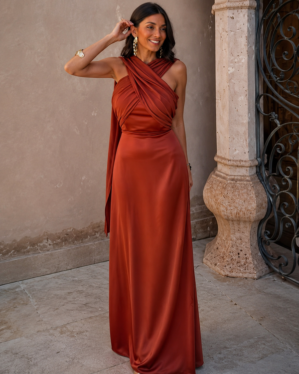 Vestido Largo Satinado Cuello Cruzado — Teja