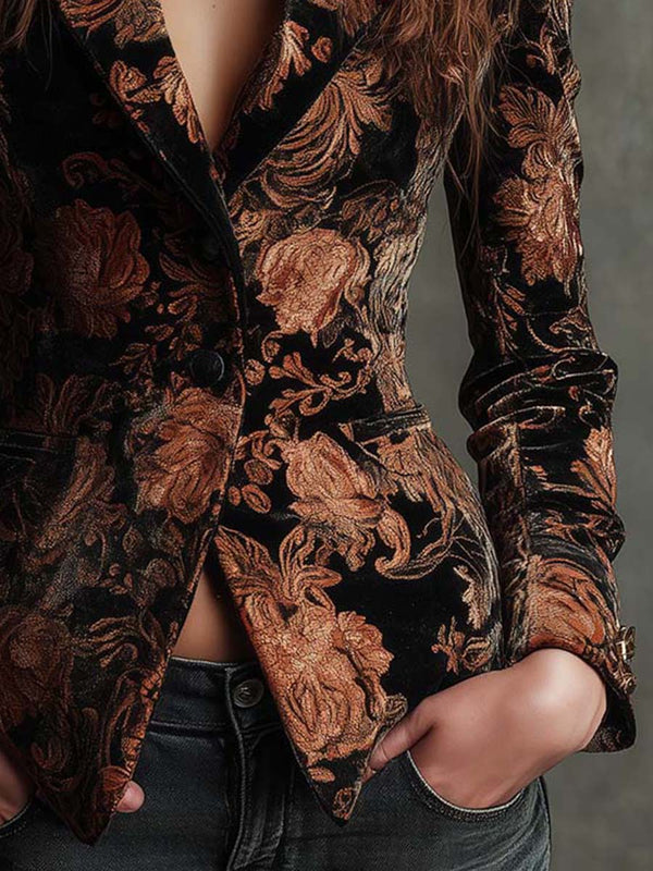 Bertille | Blazer sastre negro y bronce con estampado floral
